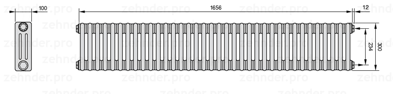 Схема (чертеж) Радиатор Zehnder Charleston 3030/36 №7610 Белый глянцевый RAL 9016